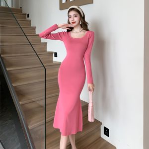 2025 Fall Winter Korean Style Square Neck Knit Dress Women Slim Waist Bodycon French Fishtail Dress