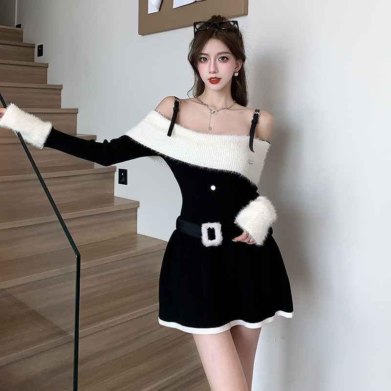 Elegant Off-Shoulder Long-Sleeve Knit Dress for Petite Women - Fall Winter A-Line Mini Dress - Image 4