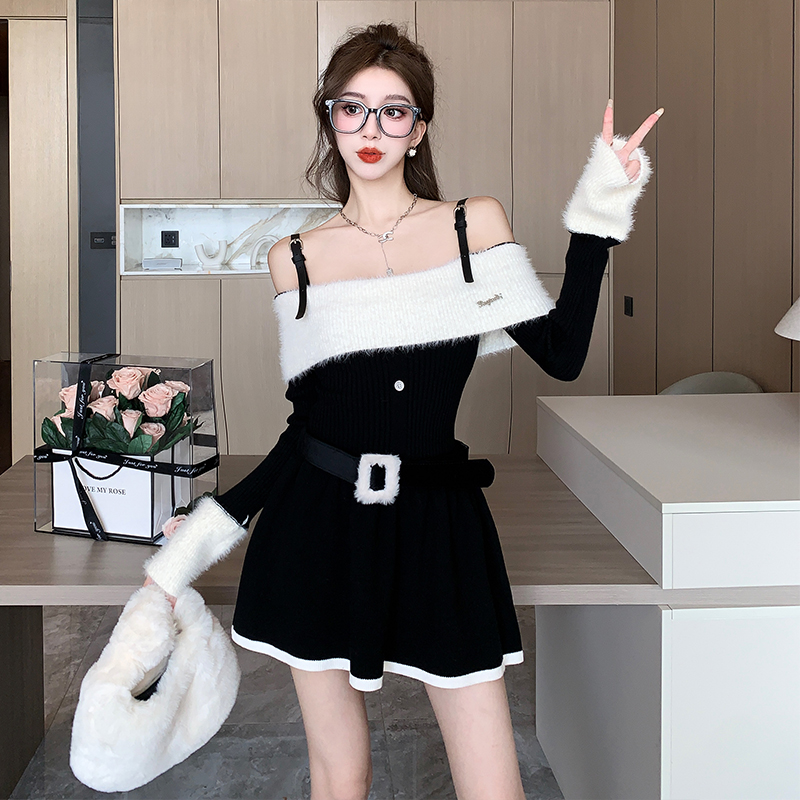 Elegant Off-Shoulder Long-Sleeve Knit Dress for Petite Women - Fall Winter A-Line Mini Dress - Image 3