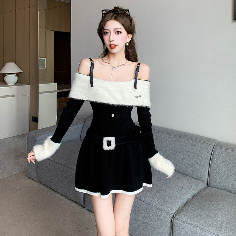 Elegant Off-Shoulder Long-Sleeve Knit Dress for Petite Women - Fall Winter A-Line Mini Dress - Image 5