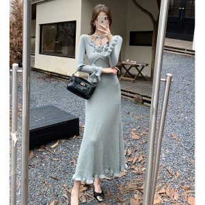 New Chinese Style Floral Knit Bodycon Long Dress for Women