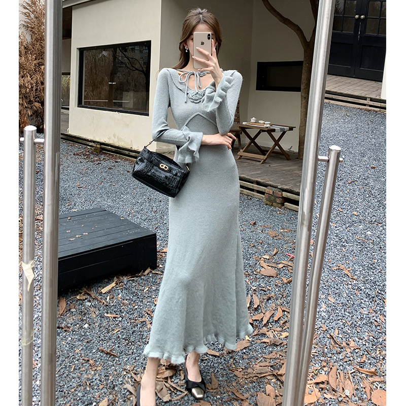New Chinese Style Floral Knit Bodycon Long Dress for Women