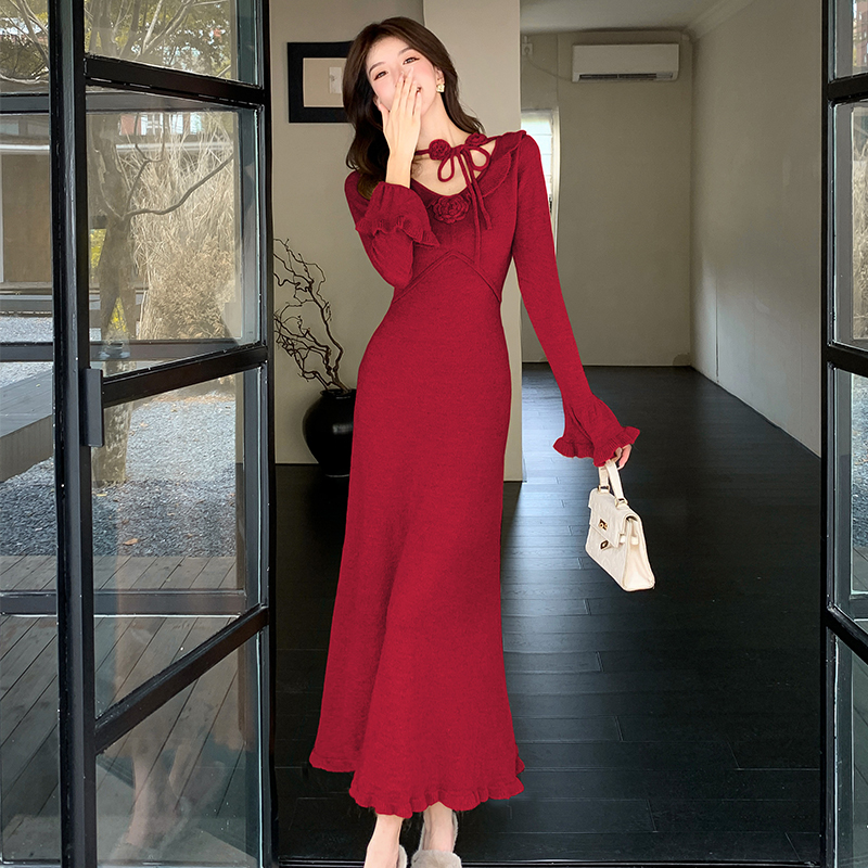 New Chinese Style Floral Knit Bodycon Long Dress for Women - Image 3