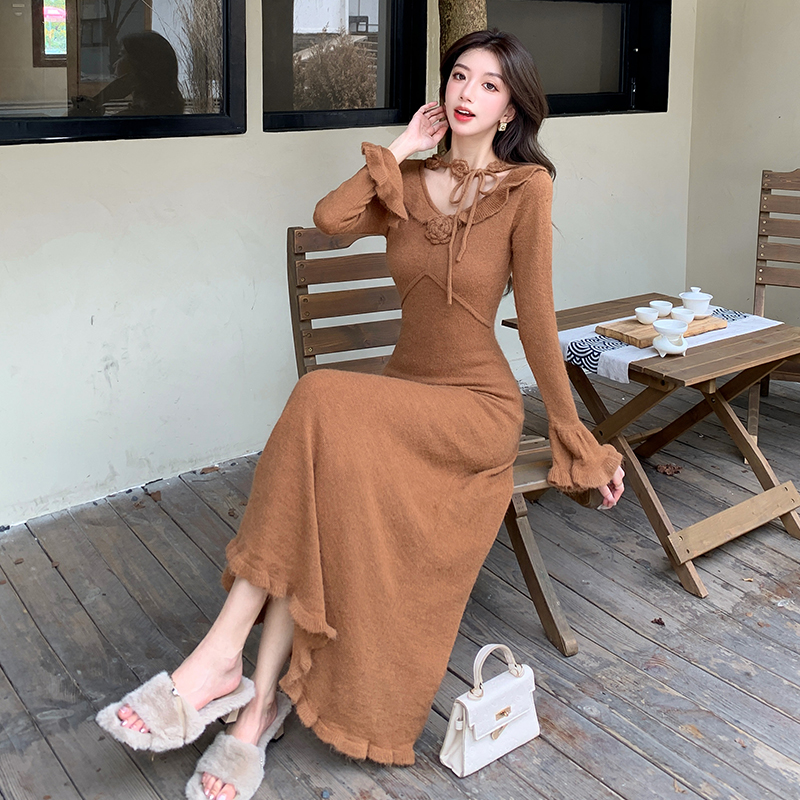 New Chinese Style Floral Knit Bodycon Long Dress for Women - Image 5