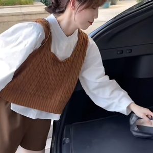 White Round Neck Shirt with Knit Cable Vest and Casual Shorts Set