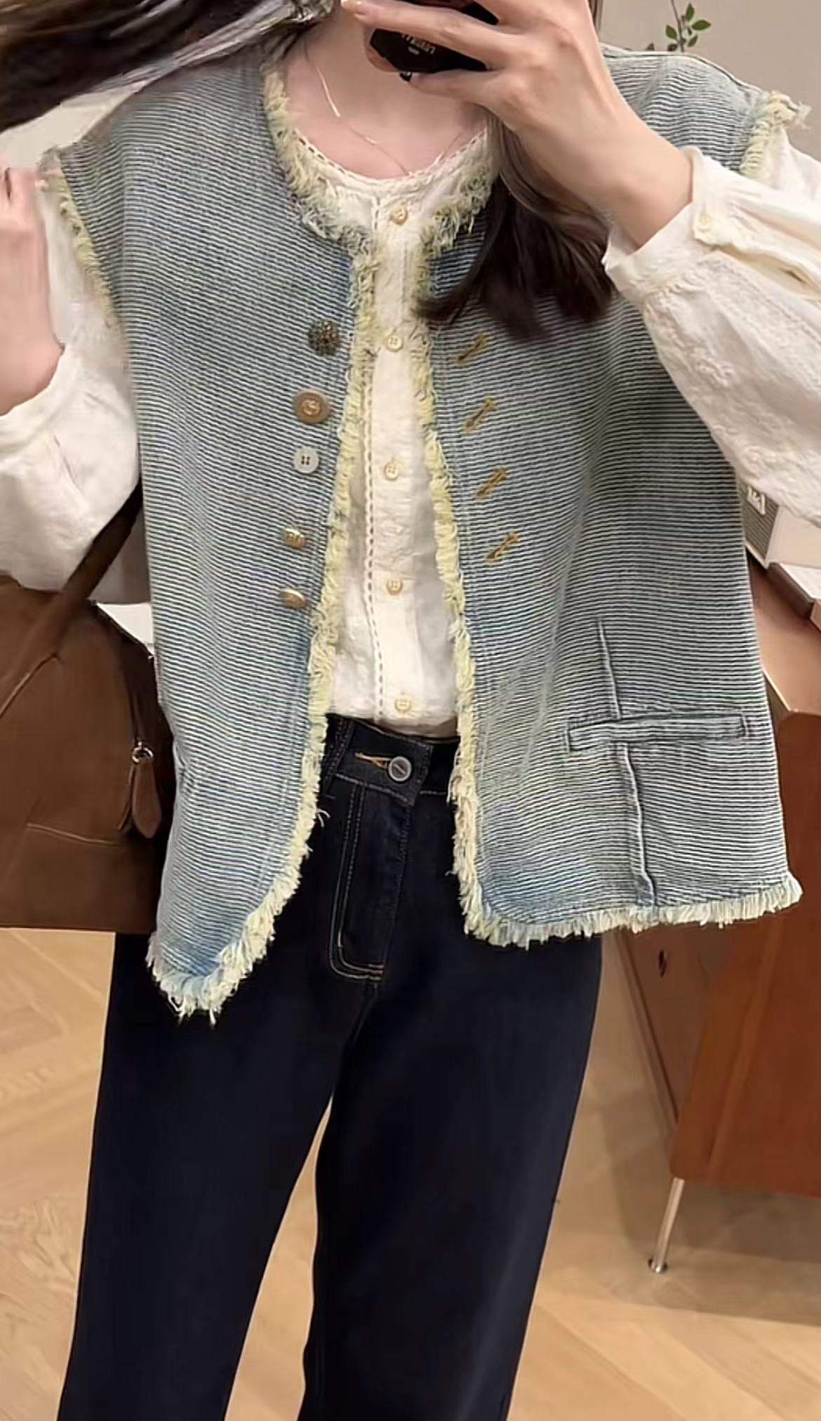 Spring New Lace Shirt with Tweed Denim Vest and Jeans Set - Image 2