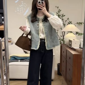 Spring New Lace Shirt with Tweed Denim Vest and Jeans Set
