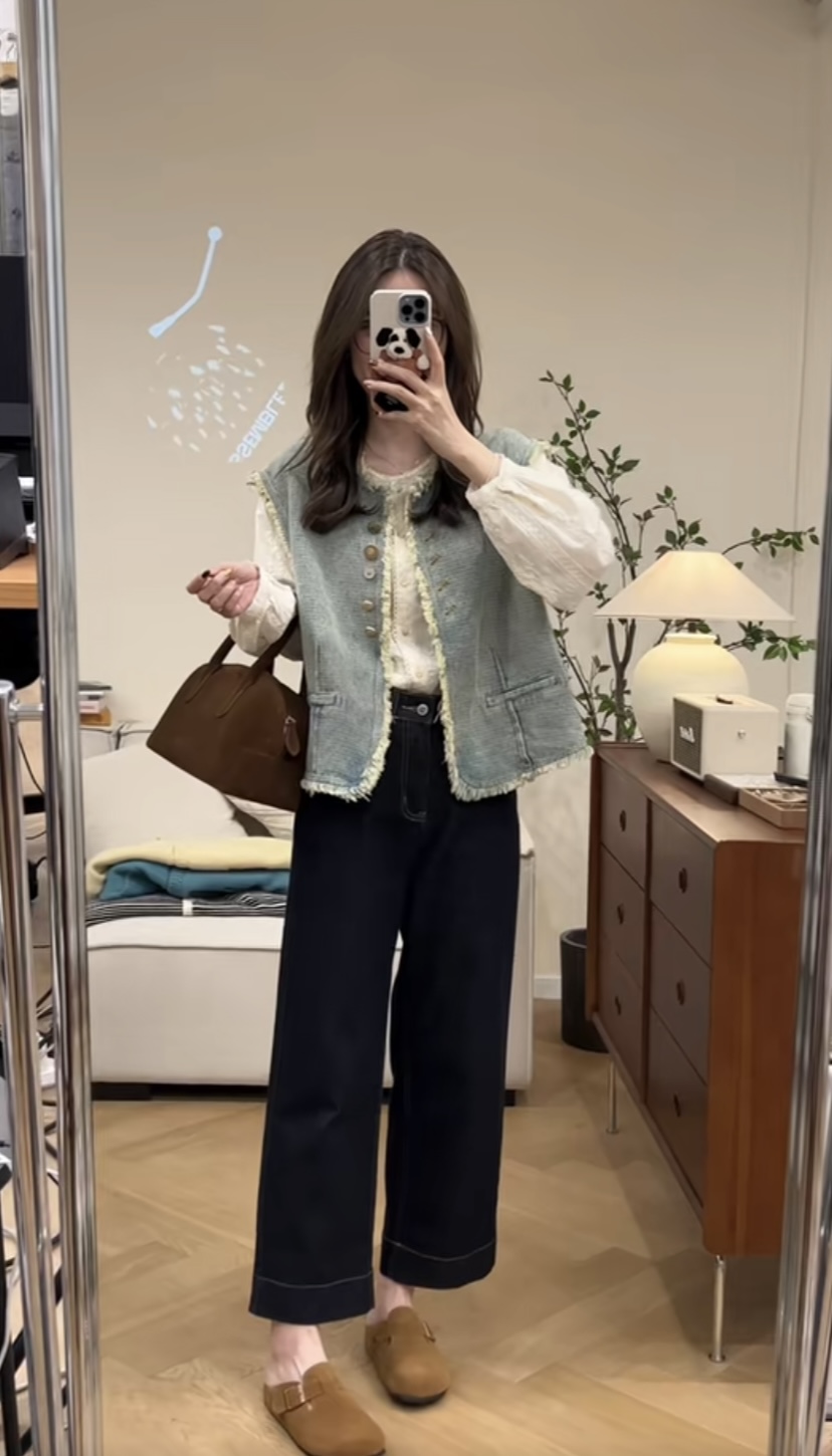 Spring New Lace Shirt with Tweed Denim Vest and Jeans Set