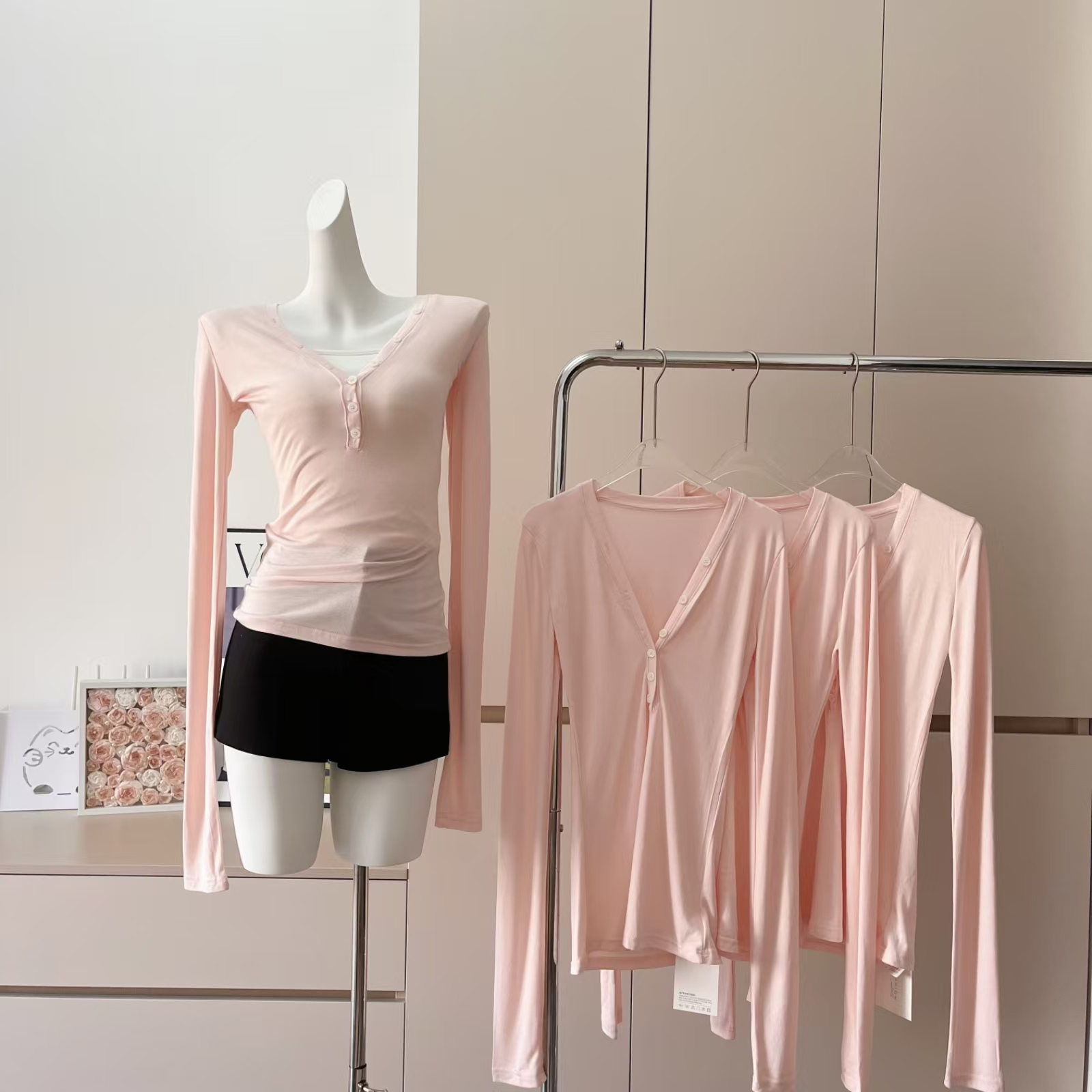 Korean Basic V-Neck Slim Fit Long Sleeve T-Shirt