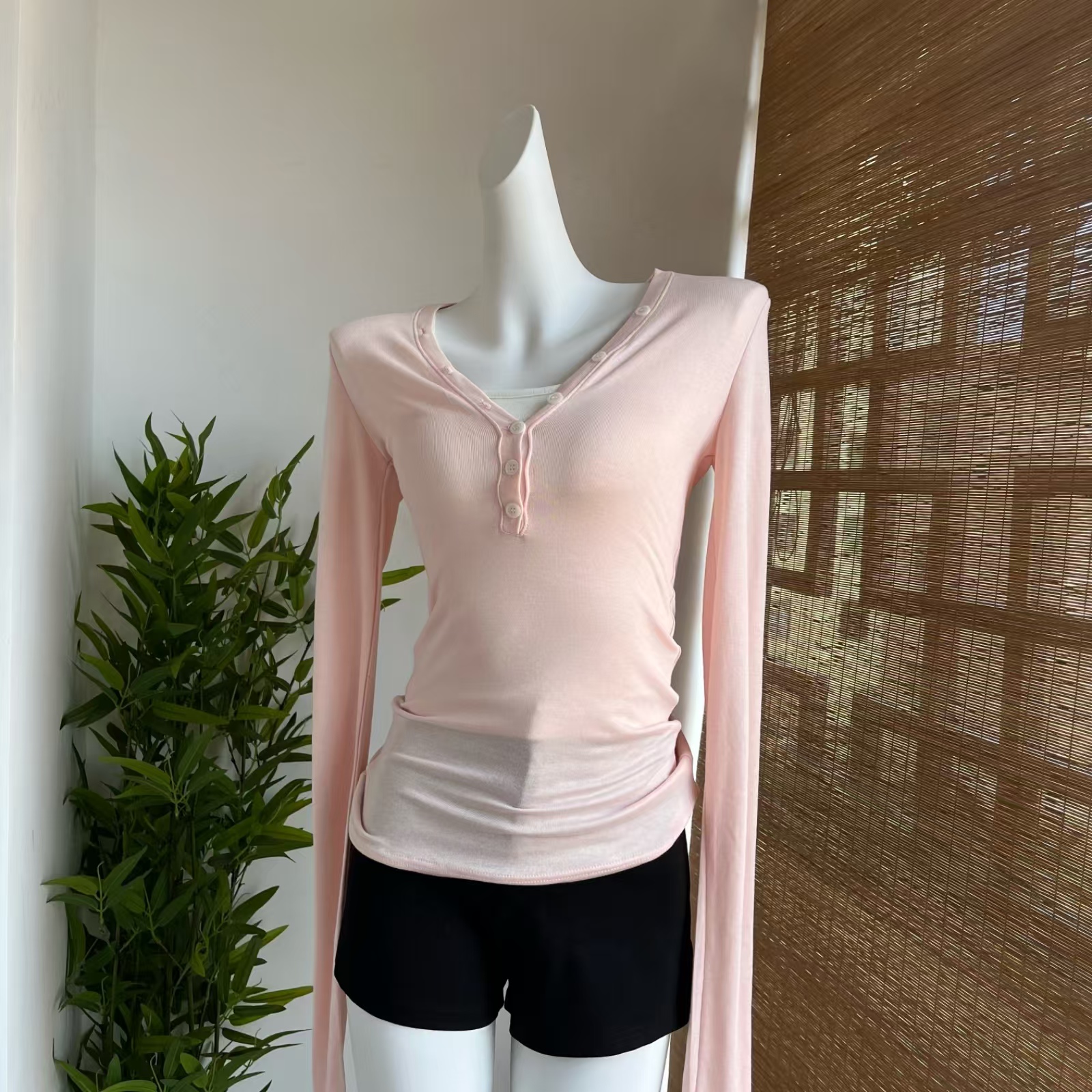 Korean Basic V-Neck Slim Fit Long Sleeve T-Shirt - Image 4