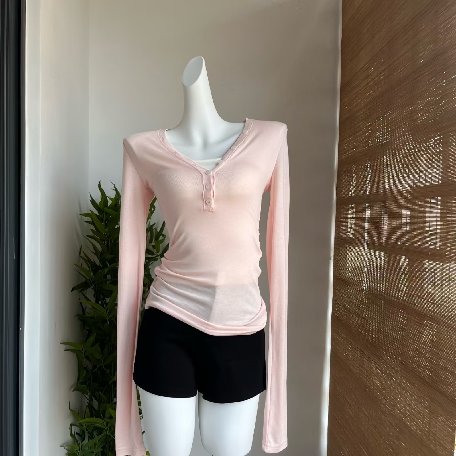 Korean Basic V-Neck Slim Fit Long Sleeve T-Shirt - Image 2