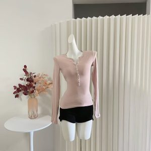 HEYGIRL 300g Brushed Button Half-Open Neck Slim Fit Women's Top