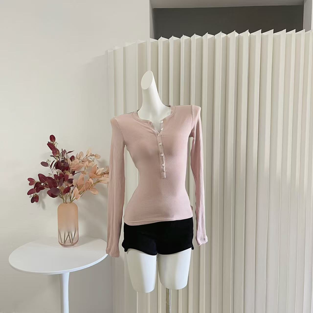 HEYGIRL 300g Brushed Button Half-Open Neck Slim Fit Women's Top