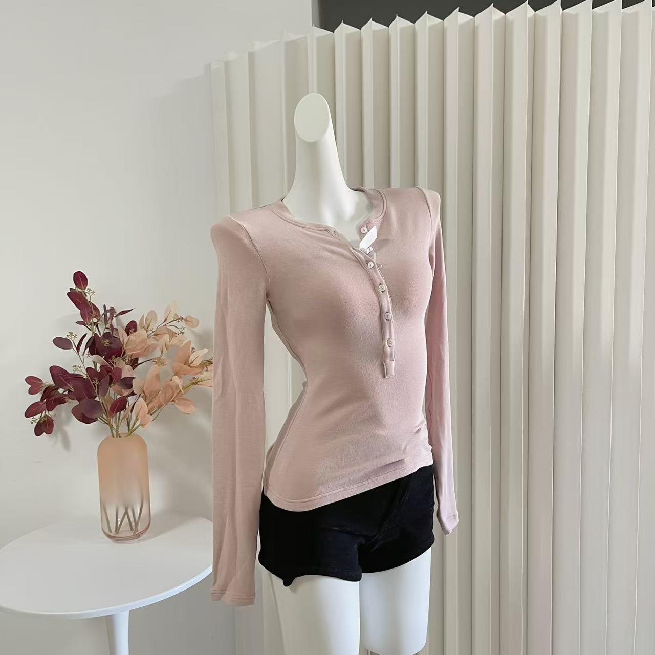 HEYGIRL 300g Brushed Button Half-Open Neck Slim Fit Women's Top - Image 2