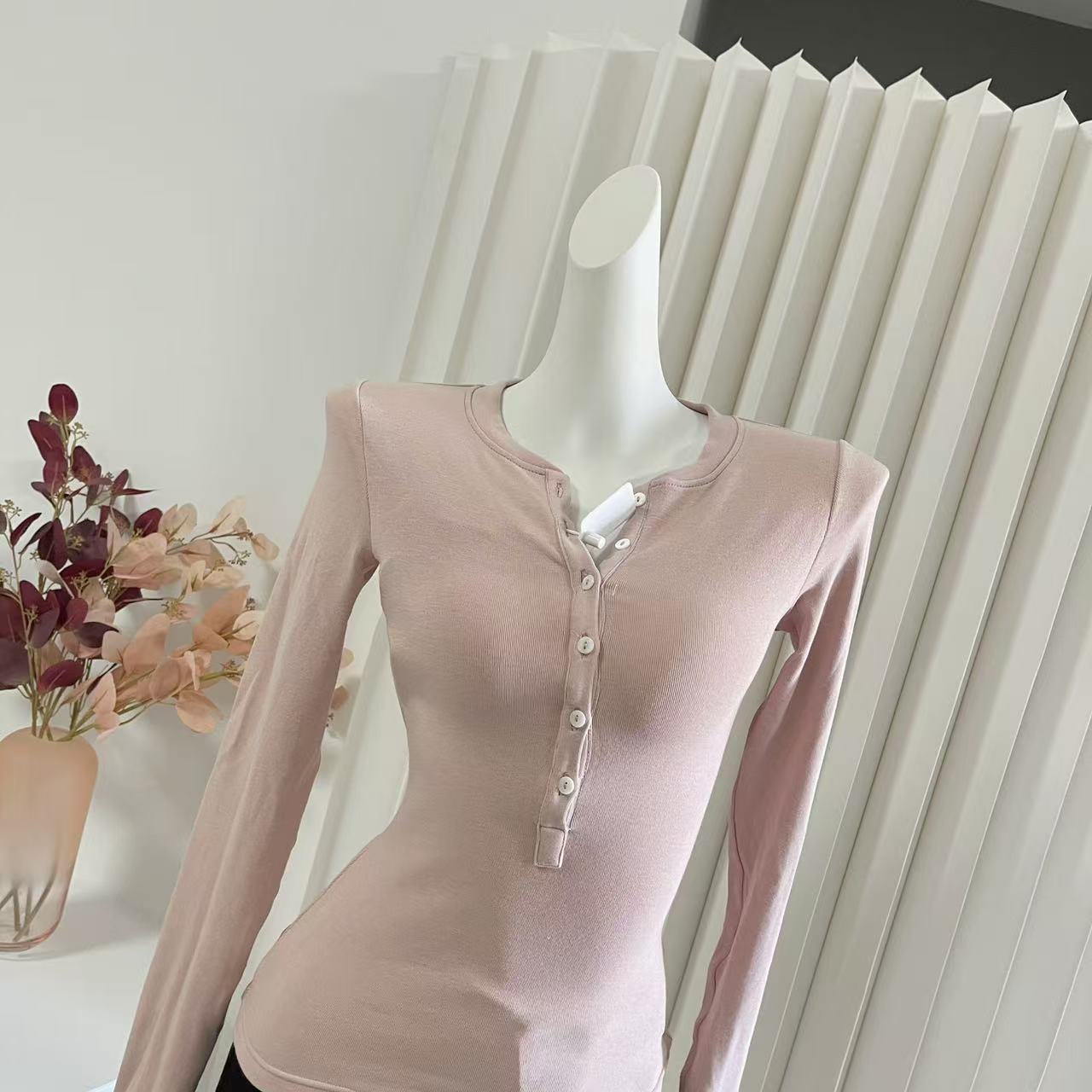 HEYGIRL 300g Brushed Button Half-Open Neck Slim Fit Women's Top - Image 4
