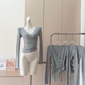 Women's V-Neck Cross Waist Slim Fit Long Sleeve T-Shirt