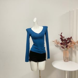 Peacock Blue V-Neck Long Sleeve Slim Fit Top for Women