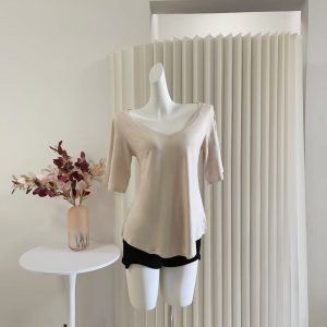 Gal Power Water-Sense V-Neck Loose T-Shirt Summer Off-Shoulder Breathable Top for Running and Fitness Short Sleeve