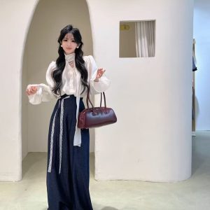 2025 Korean Style White V-Neck Flared Sleeve Shirt with Blue Wide-Leg Pants Set