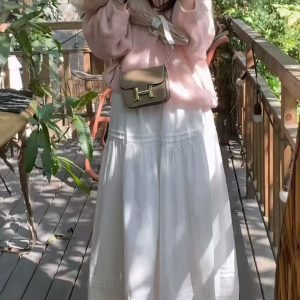 2025 Spring V-Neck Openwork Knit Top and Elastic Waist Skirt Set