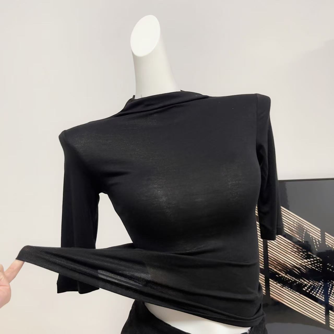 Fart Shop Basic Sexy Slimming Slightly Sheer Half Sleeve Small Mock Neck Base Layer Top Women - Image 3