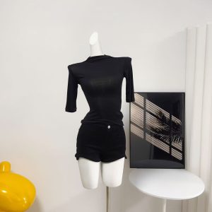 Fart Shop Basic Sexy Slimming Slightly Sheer Half Sleeve Small Mock Neck Base Layer Top Women
