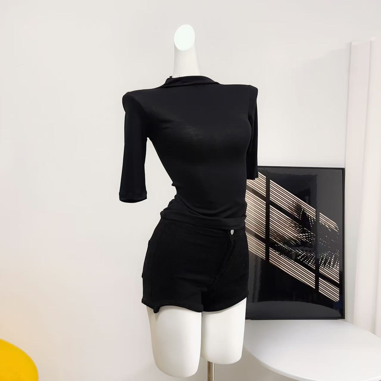 Fart Shop Basic Sexy Slimming Slightly Sheer Half Sleeve Small Mock Neck Base Layer Top Women - Image 2