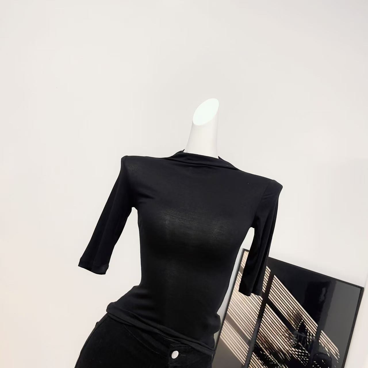 Fart Shop Basic Sexy Slimming Slightly Sheer Half Sleeve Small Mock Neck Base Layer Top Women - Image 4