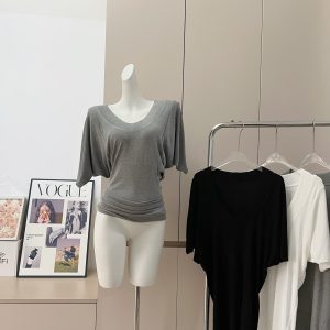 Lazy Loose V-Neck Short Sleeve T-Shirt Women 2025 Spring Gray Casual Basic Top