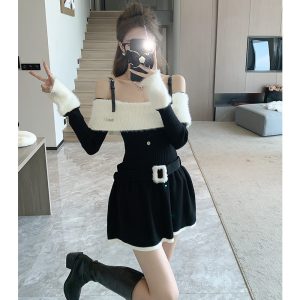 Elegant Off-Shoulder Long-Sleeve Knit Dress for Petite Women - Fall Winter A-Line Mini Dress