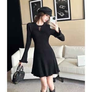 2025 Autumn Winter New Black Hollow Out Ruffle Knit Dress Women Elegant High-End Inner Wear Base Short Dress