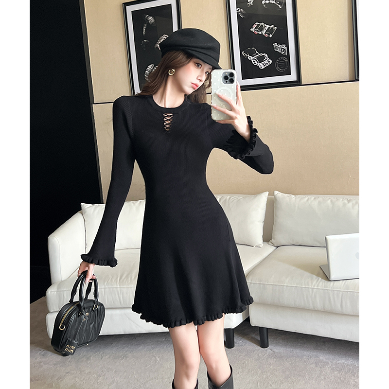 2025 Autumn Winter New Black Hollow Out Ruffle Knit Dress Women Elegant High-End Inner Wear Base Short Dress