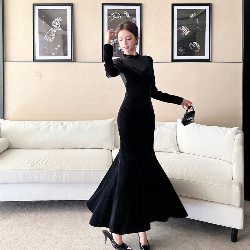Pure Desire Style Black Sheer Mesh Spliced Velvet Dress Women Slimming Backless Mermaid Long Dress Trend - Image 4