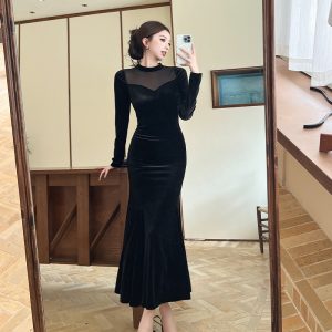 Pure Desire Style Black Sheer Mesh Spliced Velvet Dress Women Slimming Backless Mermaid Long Dress Trend