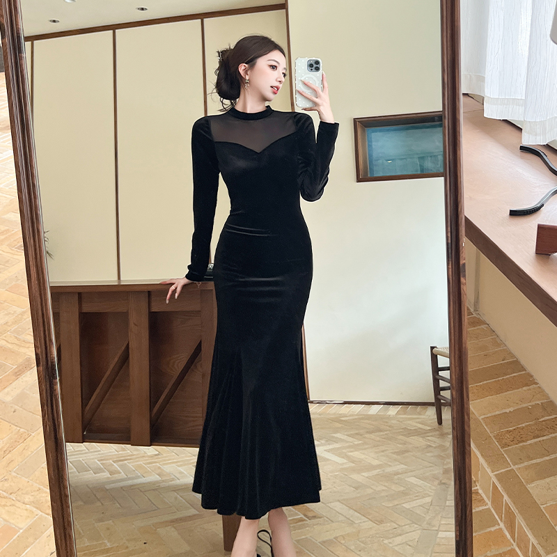 Pure Desire Style Black Sheer Mesh Spliced Velvet Dress Women Slimming Backless Mermaid Long Dress Trend