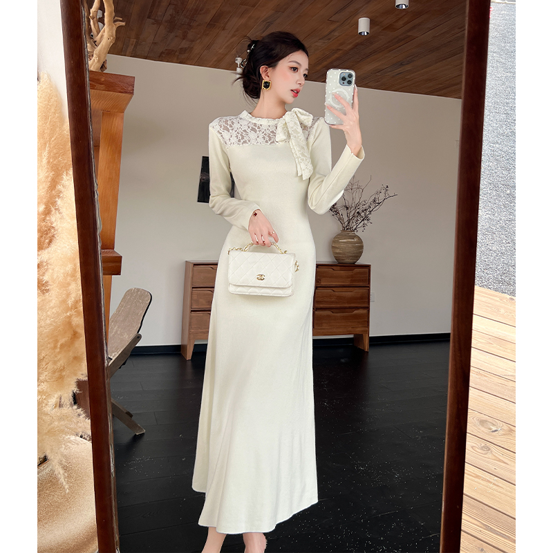 2025 Autumn Winter Lace Patchwork Knit Dress with Tie Detail