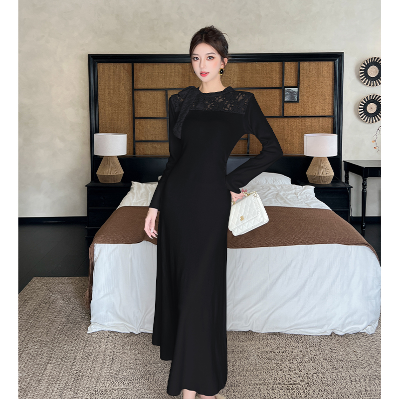 2025 Autumn Winter Lace Patchwork Knit Dress with Tie Detail - Image 2