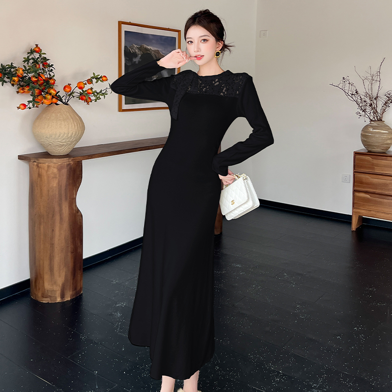 2025 Autumn Winter Lace Patchwork Knit Dress with Tie Detail - Image 4