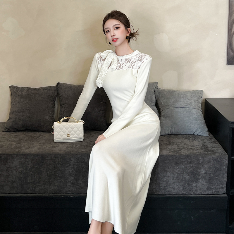 2025 Autumn Winter Lace Patchwork Knit Dress with Tie Detail - Image 5