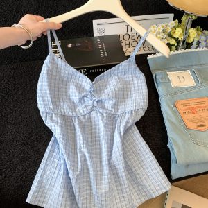 Women's Sleeveless Pleated Cami Top Summer 2026 Plaid Loose Fit