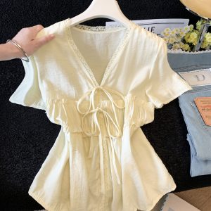 Korean Style V-Neck Ruffle Tie-Front Shirt Summer New Fresh Fashionable Age-Reducing Top
