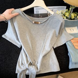 Women's Beaded Round Neck Short Sleeve T-Shirt Summer 2026 Irregular Lace-Up Loose Fit Top