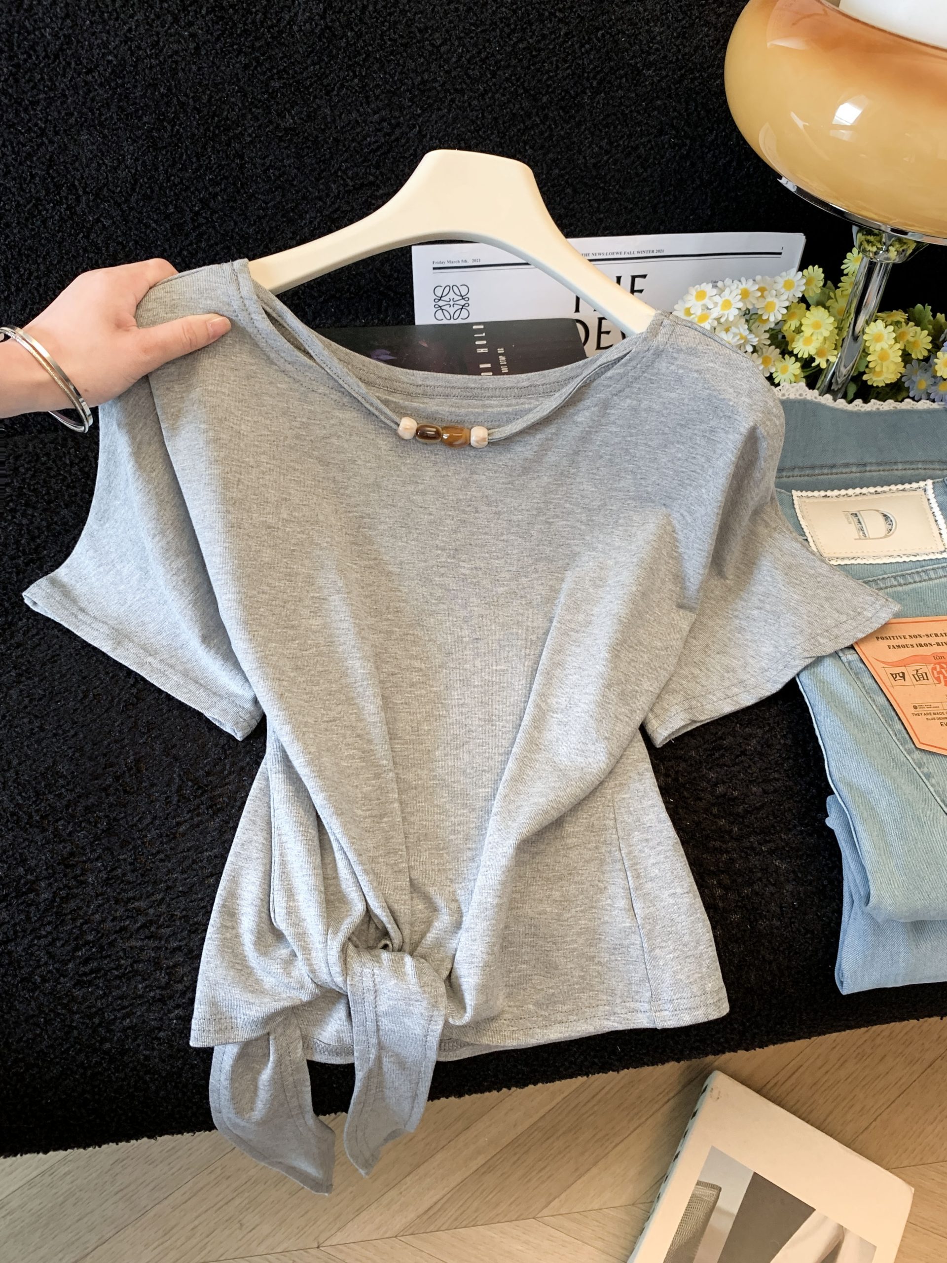 Women's Beaded Round Neck Short Sleeve T-Shirt Summer 2026 Irregular Lace-Up Loose Fit Top