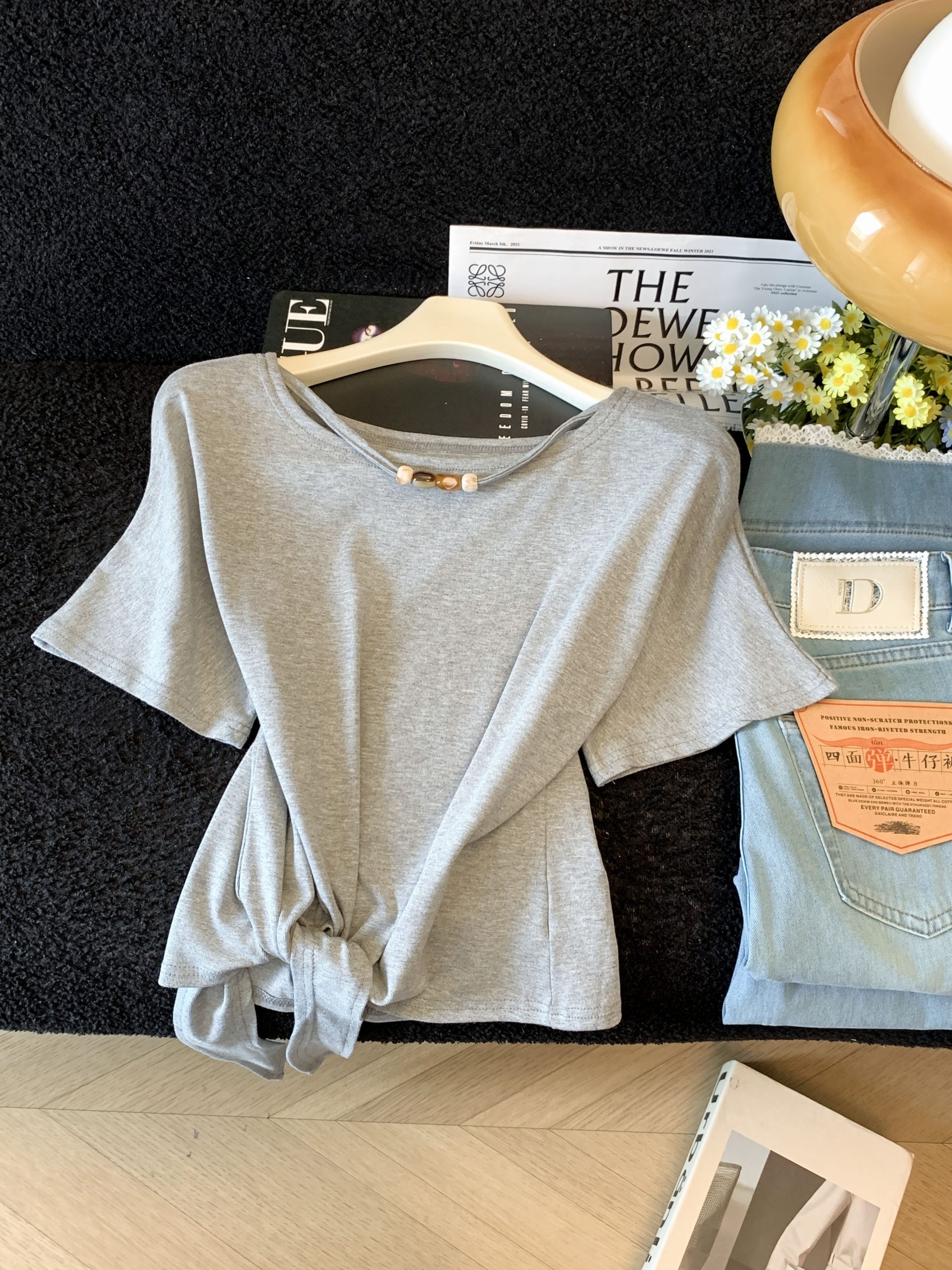 Women's Beaded Round Neck Short Sleeve T-Shirt Summer 2026 Irregular Lace-Up Loose Fit Top - Image 2