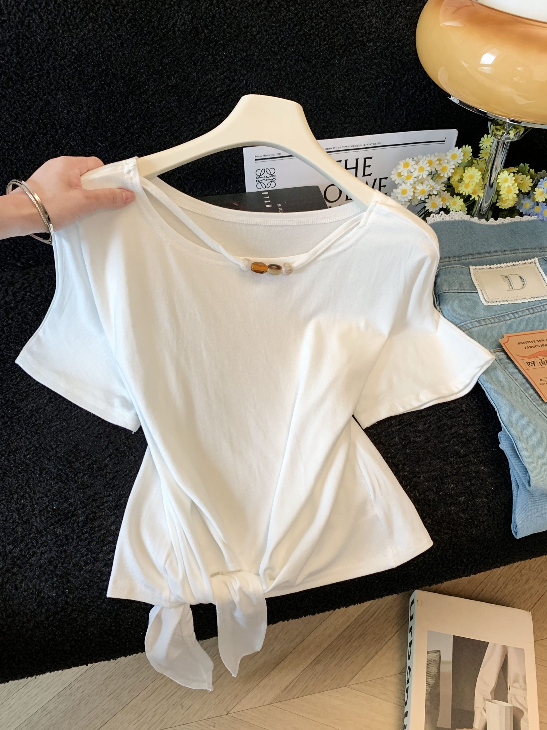 Women's Beaded Round Neck Short Sleeve T-Shirt Summer 2026 Irregular Lace-Up Loose Fit Top - Image 3