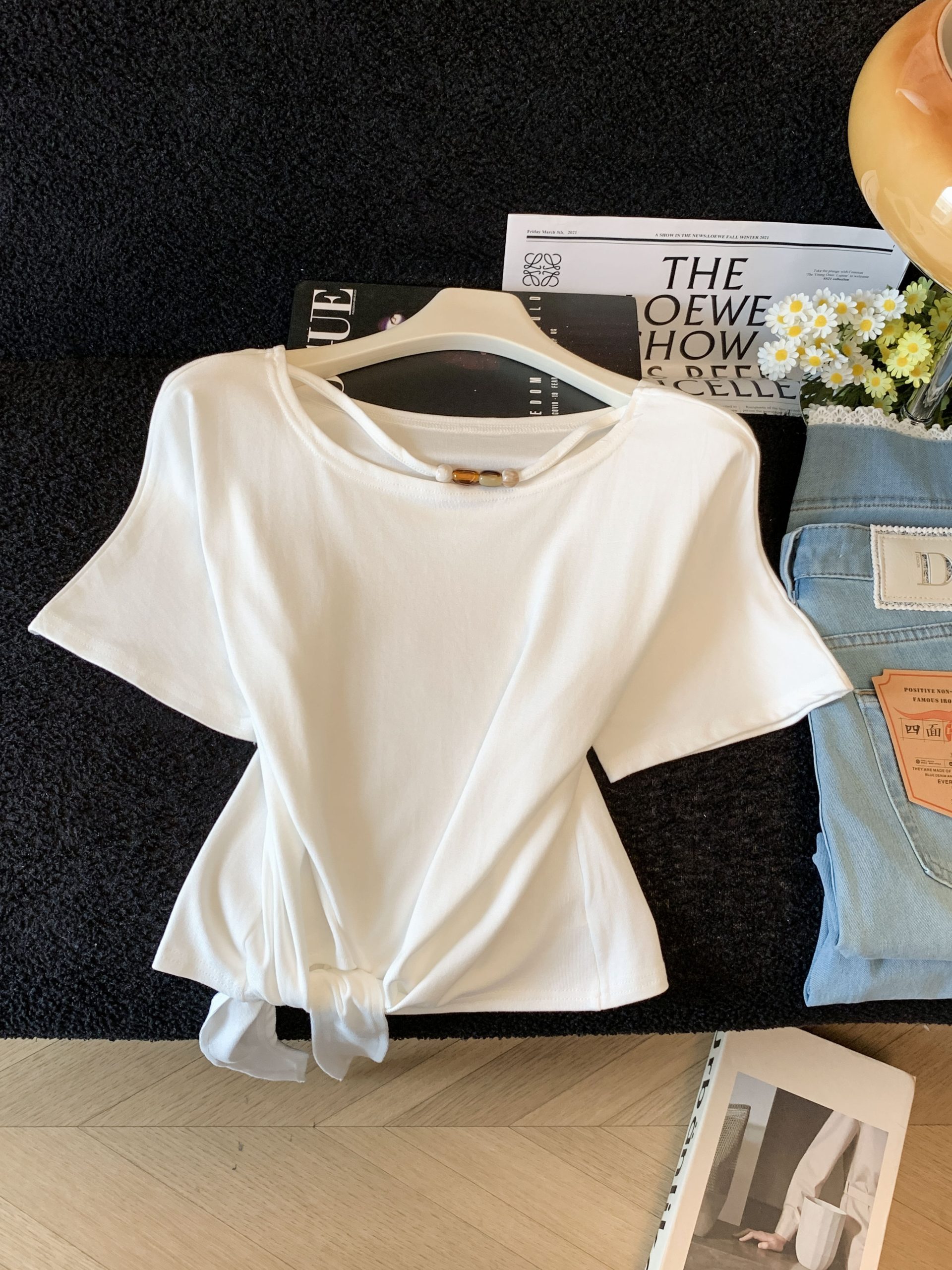 Women's Beaded Round Neck Short Sleeve T-Shirt Summer 2026 Irregular Lace-Up Loose Fit Top - Image 4