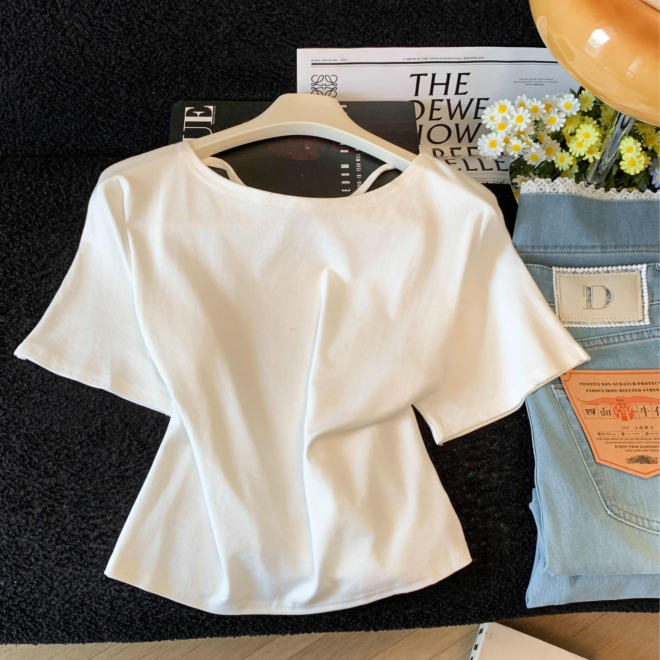 Women's Beaded Round Neck Short Sleeve T-Shirt Summer 2026 Irregular Lace-Up Loose Fit Top - Image 5