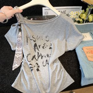 Korean Style Asymmetric Off-Shoulder Short Sleeve T-Shirt for Women 2026 Summer New Waist-Cinching Bow Print Top