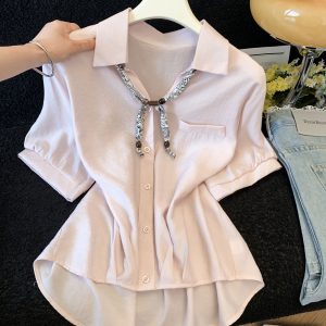 Women's French Silk Scarf Tie Polo Collar Short Sleeve Shirt Summer 2026 White Blouse