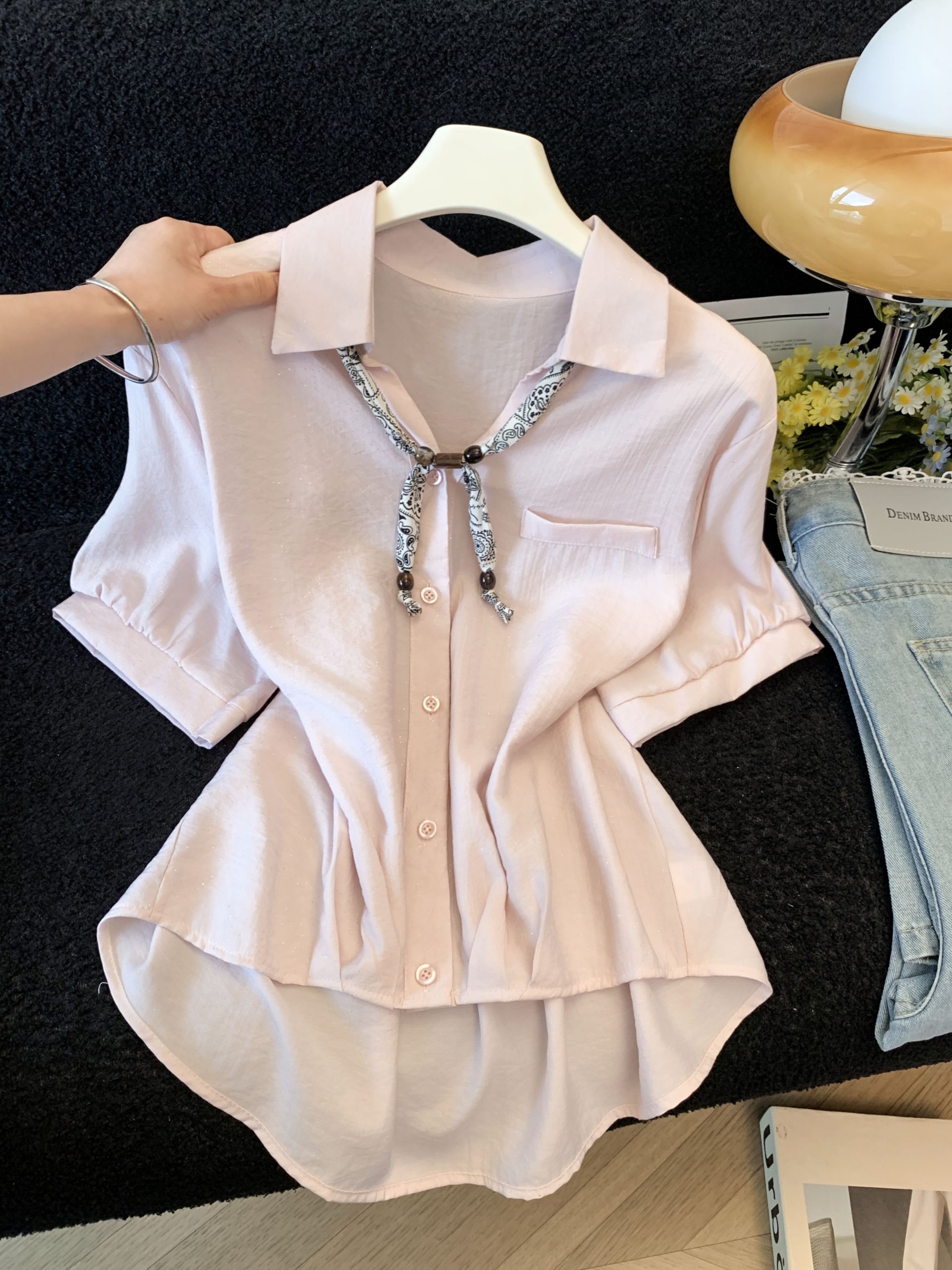 Women's French Silk Scarf Tie Polo Collar Short Sleeve Shirt Summer 2026 White Blouse